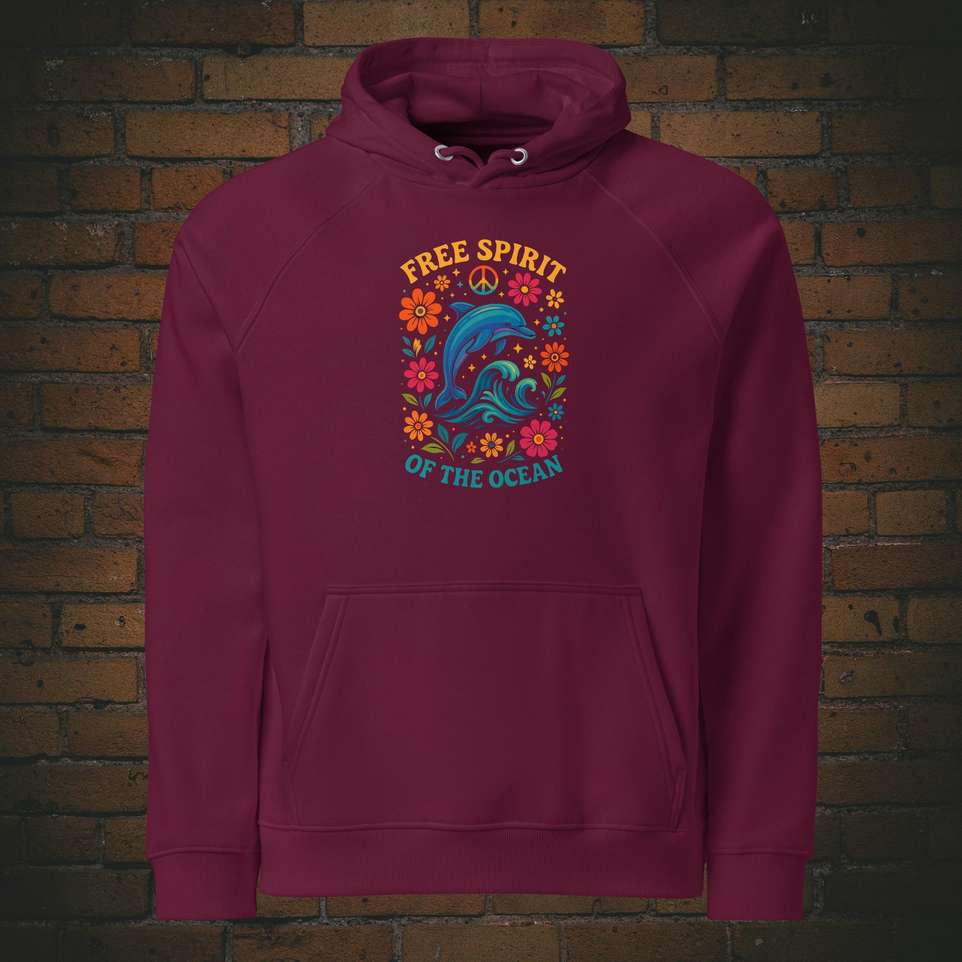 Free Spirit of the Ocean – Bunter Delfin Flower Power Bio Hoodie Unisex - Druck auf der Brust - Kapuzenpullover in der Farbe: weinrot
