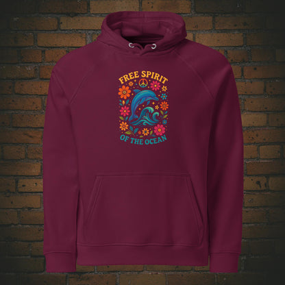 Free Spirit of the Ocean – Bunter Delfin Flower Power Bio Hoodie Unisex - Druck auf der Brust - Kapuzenpullover in der Farbe: weinrot