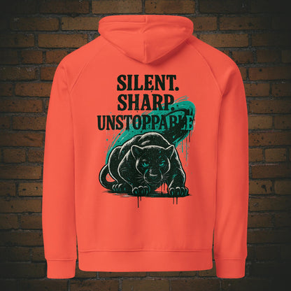 Silent Sharp Unstoppable Hoodie – Panther Bio Unisex - Druck auf dem Rücken - Kapuzenpullover in der Farbe orange