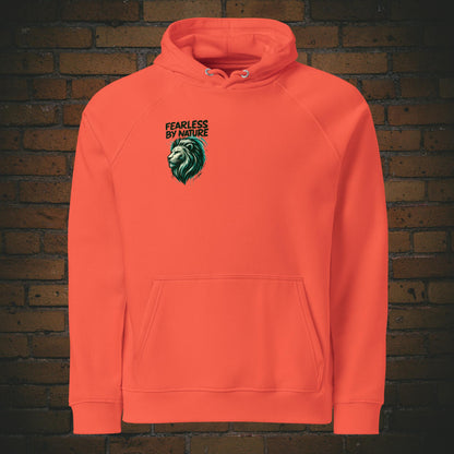 Hoodie Brust bedruckt mit dem Löwenkopf und Zitat - Bestellbar in orange