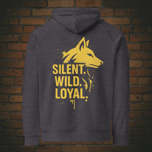 Silent Wild Loyal Hoodie – Urban Street Art Wolf Bio Unisex in der Farbe dunkelgrau - Druck auf dem Rücken