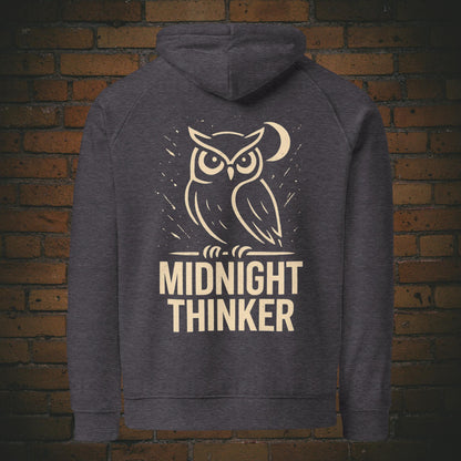 Midnight Thinker Hoodie – Eule Design Bio Baumwolle Unisex - Druck auf dem Rücken - Kapuzenpullover in dunkelgrau
