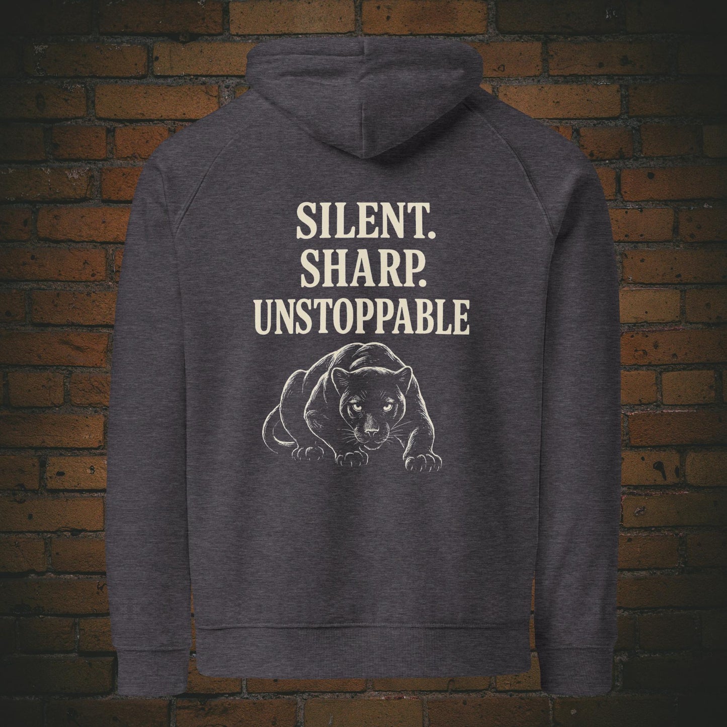 Silent Sharp Unstoppable Hoodie – Schwarzer Panther Bio Unisex - Druck auf dem Rücken - Kapuzenpullover für Frau und Mann in der Farbe: dunkelgrau