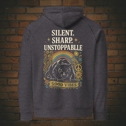 Hoodie Panther Good Vibes – Hippie Flower Power Unisex Bio - Druck auf dem Rücken - Kapuzenpullover in der Farbe: dunkelgrau