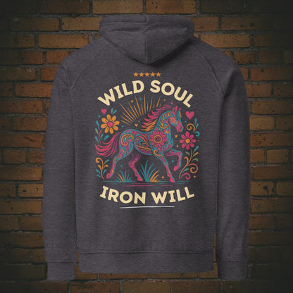 Wild Soul Iron Will – Hippie Pferd Bio Hoodie Unisex in der Farbe grau - Druck auf der Rückseite