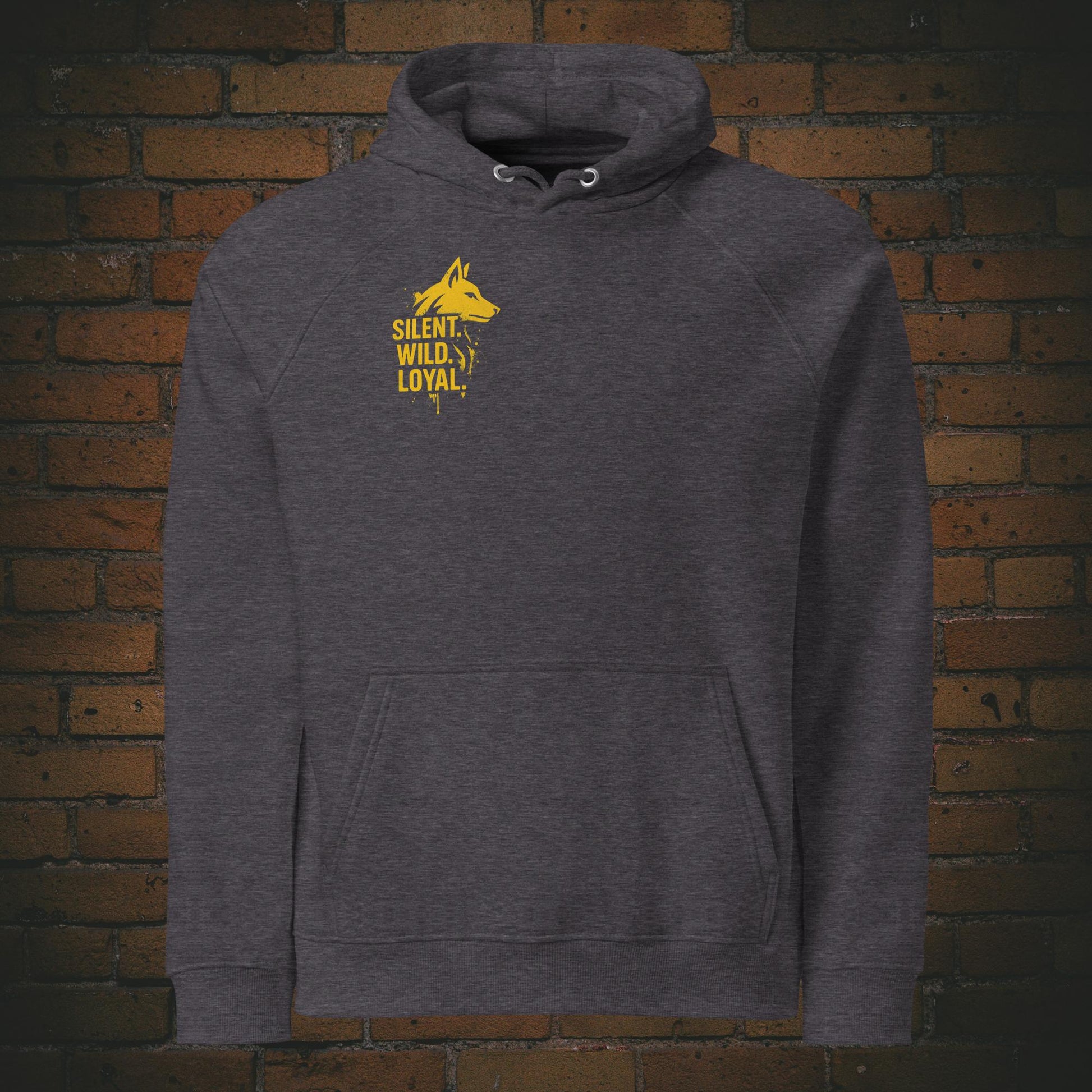 Silent Wild Loyal Hoodie – Urban Street Art Wolf Bio Unisex in der Farbe grau - Druck auf der Brust