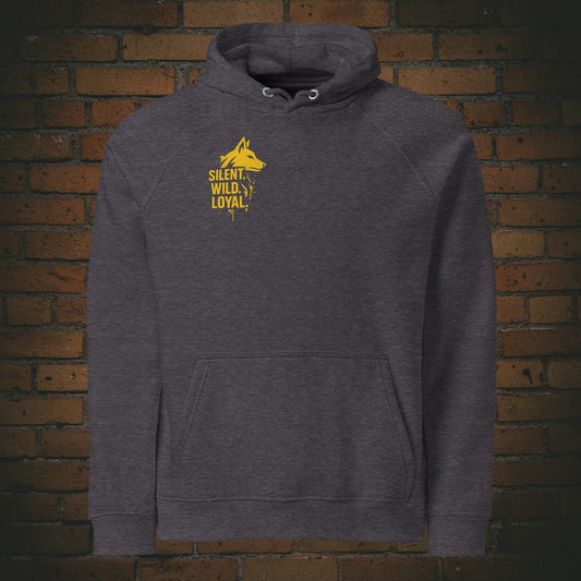 Silent Wild Loyal Hoodie – Urban Street Art Wolf Bio Unisex in der Farbe grau - Druck auf der Brust