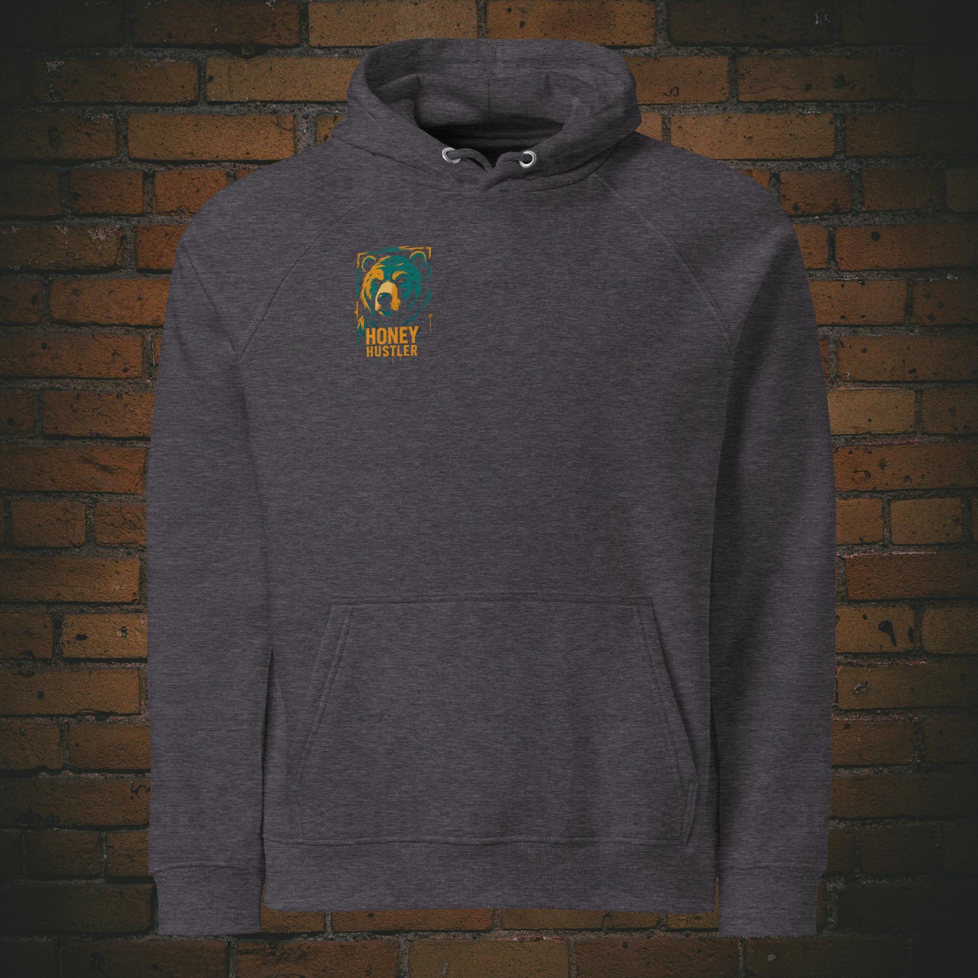 Honey Hustler Hoodie – Urban Street Art Bär Bio Baumwolle Unisex in der Farbe dunkelgrau - Druck auf der Brust