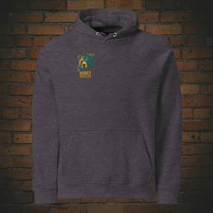 Honey Hustler Hoodie – Urban Street Art Bär Bio Baumwolle Unisex in der Farbe dunkelgrau - Druck auf der Brust
