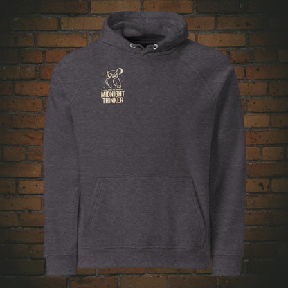 Midnight Thinker Hoodie – Eule Design Bio Baumwolle Unisex - Druck auf der Brust - Kapuzenpullover in dunkelgrau