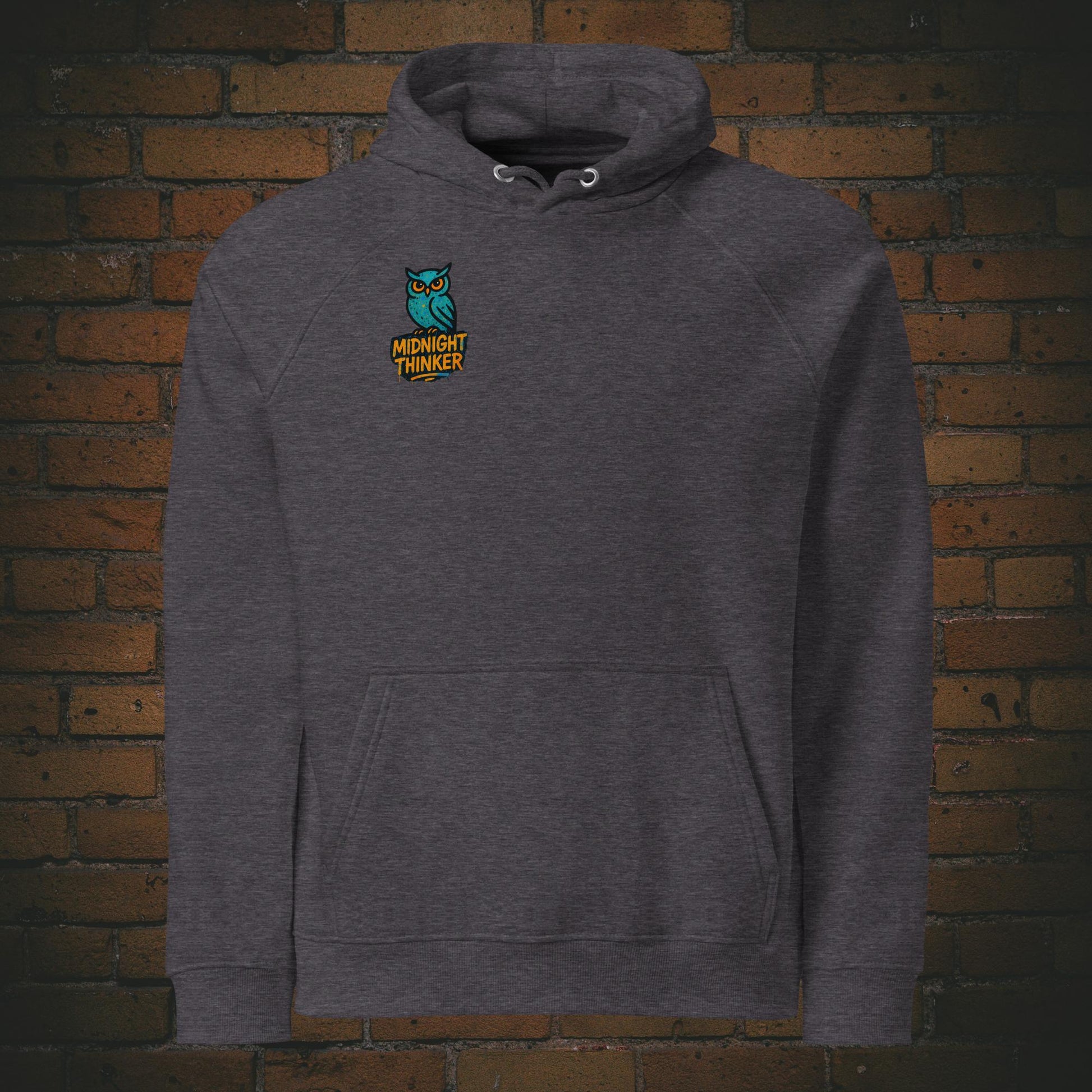 Midnight Thinker Hoodie – Urban Street Art Eule Graffiti Style Unisex - Pullover in der Farbe dunkelgrau - Druck auf der Brust
