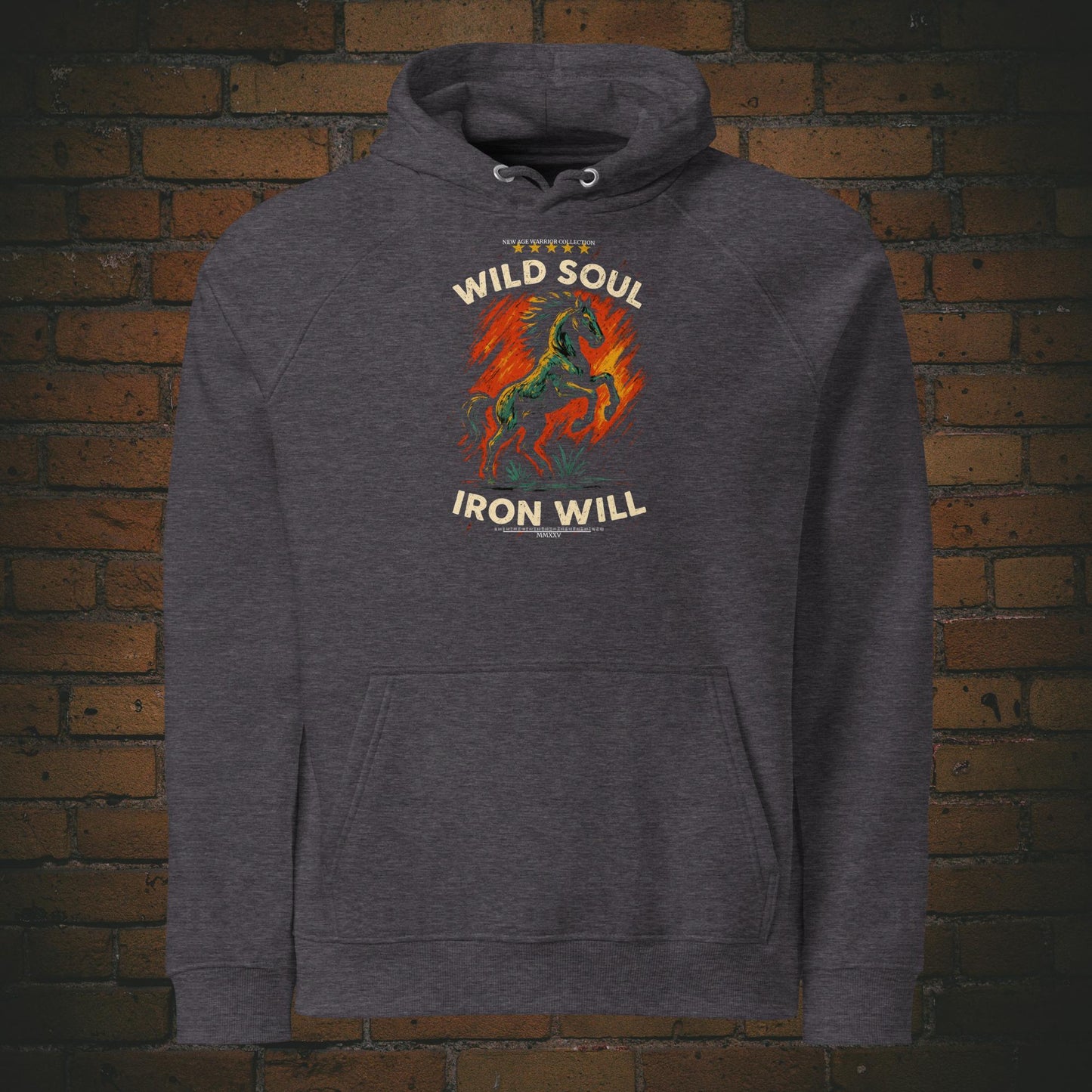 Kapuzenpullover mit Druck - Pferd, Flammen und Spruch - Hoodie Farbe: grau - Vorderseite