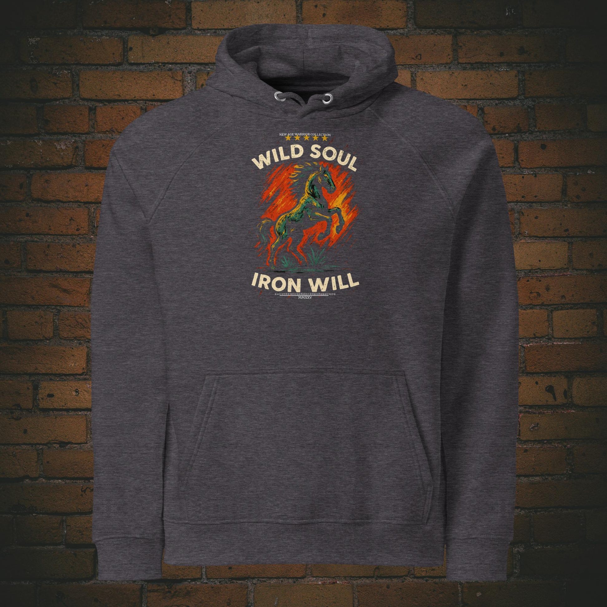 Kapuzenpullover mit Druck - Pferd, Flammen und Spruch - Hoodie Farbe: grau - Vorderseite