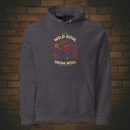 Wild Soul Iron Will – Hippie Pferd Bio Hoodie Unisex in der Farbe grau - Druck auf der Vorderseite