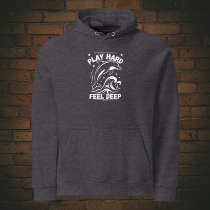 Play Hard Feel Deep weiss – Delfin Krafttier Bio Hoodie Unisex -  Druck auf der Brust - Kapuzenpullover in der Farbe: grau