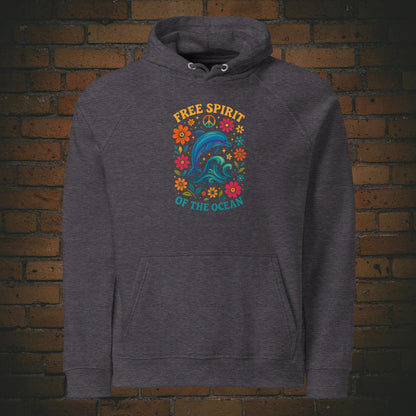 Free Spirit of the Ocean – Bunter Delfin Flower Power Bio Hoodie Unisex - Druck auf der Brust - Kapuzenpullover in der Farbe: grau