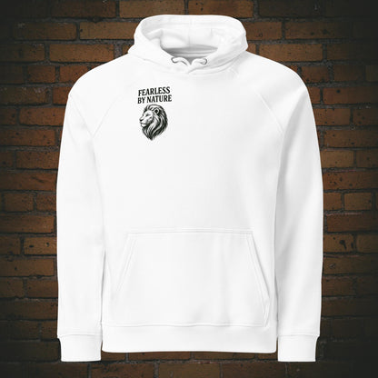Hoodie Löwe Fearless by Nature – Schwarzes Krafttier Design Unisex - Druck auf der Brust - Kapuzenpullover in der Farbe weiß
