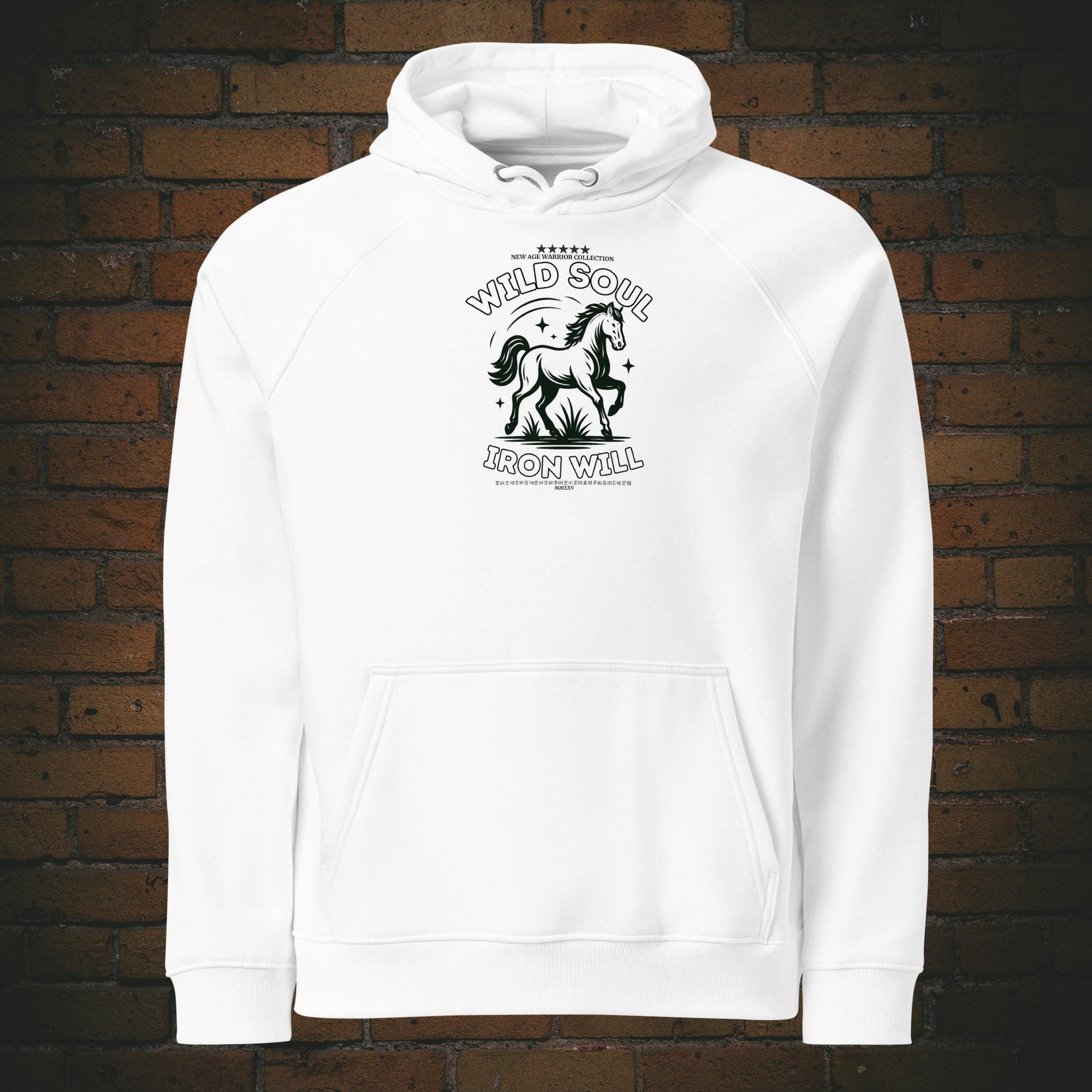 Wild Soul Iron Will – Pferd Krafttier Bio Hoodie Unisex - Druck auf der Vorderseite - Kapuzenpullover in der Farbe weiß