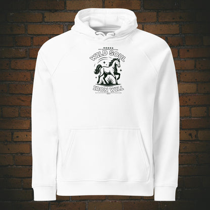 Wild Soul Iron Will – Pferd Krafttier Bio Hoodie Unisex - Druck auf der Vorderseite - Kapuzenpullover in der Farbe weiß