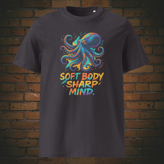 Octopus in kräftigen Farben auf Streetart Stil - Schriftzug bunt - Druck auf anthraziten t-Shirt