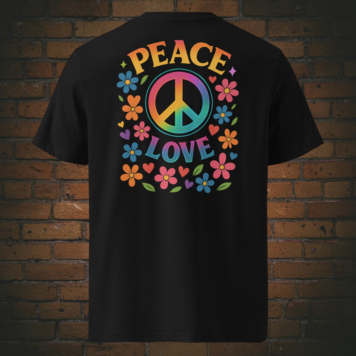 T-Shirts mit buntem Peace-Zeichen und „Peace Love“-Spruch, umgeben von Blumen und Herzen im Hippie-Stil, Front- und Rückenansicht in schwarz 
