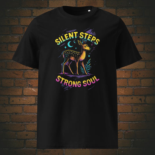 Silent Steps Strong Soul Urban Streetwear Bio-T-Shirt – farbenfrohes Reh-Motiv - Shirtfarbe: schwarz