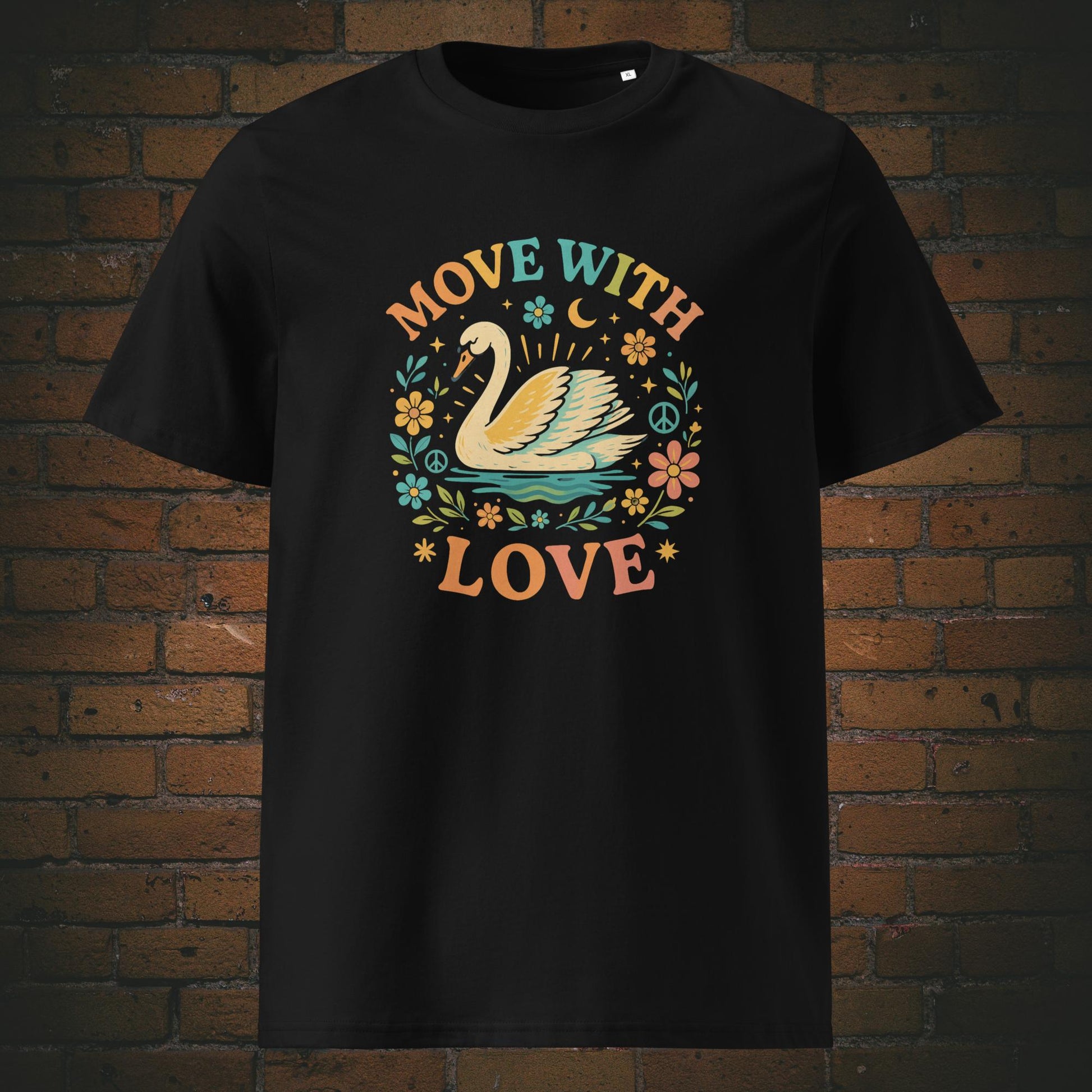 Hippie Shirt - Schwan mit Blumen und Spruch - T-Shirt hat die Farbe: schwarz