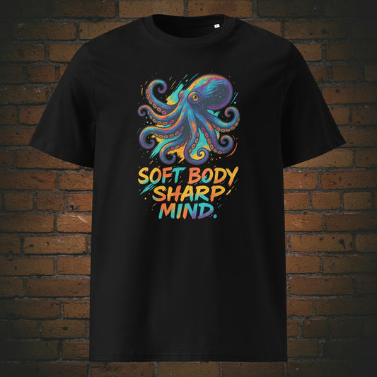 Octopus in kräftigen Farben auf Streetart Stil - Schriftzug bunt - Druck auf schwarzen t-Shirt