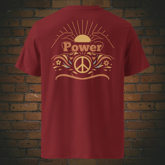 T-Shirts mit Peace-Zeichen, Sonnenaufgang und dem Schriftzug „Power“, umrahmt von floralen Elementen und stilisierten Händen – Front- und Rückenansicht auf weinroter Farbe