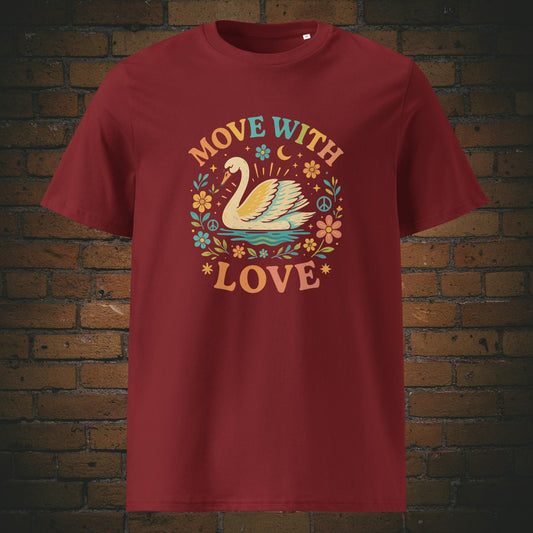 Hippie Shirt - Schwan mit Blumen und Spruch - T-Shirt hat die Farbe: weinrot
