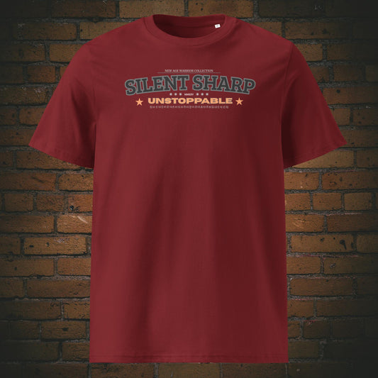 Silent Sharp Unstoppable – Power Statement Bio-T-Shirt aus Bio-Baumwolle in der Farbe weinrot
