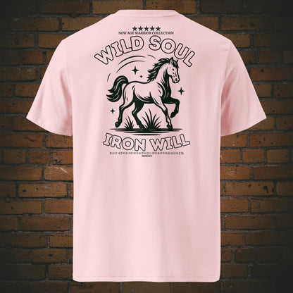 Wild Soul Iron Will – Pferd Krafttier Bio T-Shirt Unisex - Druck auf Bio-Baumwolle in der Farbe: Rosa