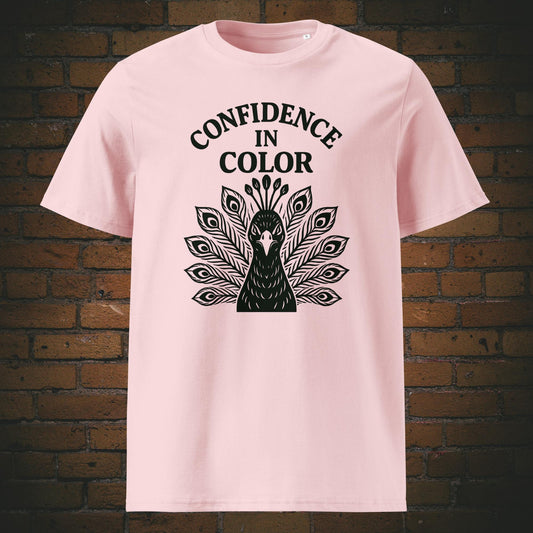 Krafttier Pfau Bio-T-Shirt – Confidence in Color Motiv in schwarz - Shirt hat die Farbe: Rosa