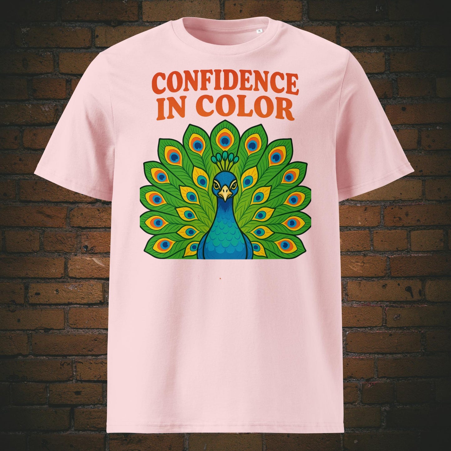 Hippie Pfau Bio-T-Shirt – Confidence in Color Design, bunte Federn - Shirt in der Farbe: rosa