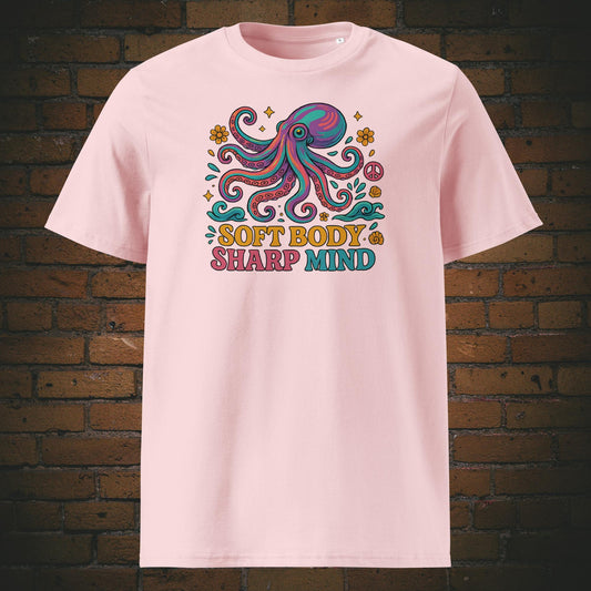 Buntes Octopus - Hippie Stil - Blumen und Schriftzug - Gedruckt auf T-Shirt in der Farbe: Rosa 