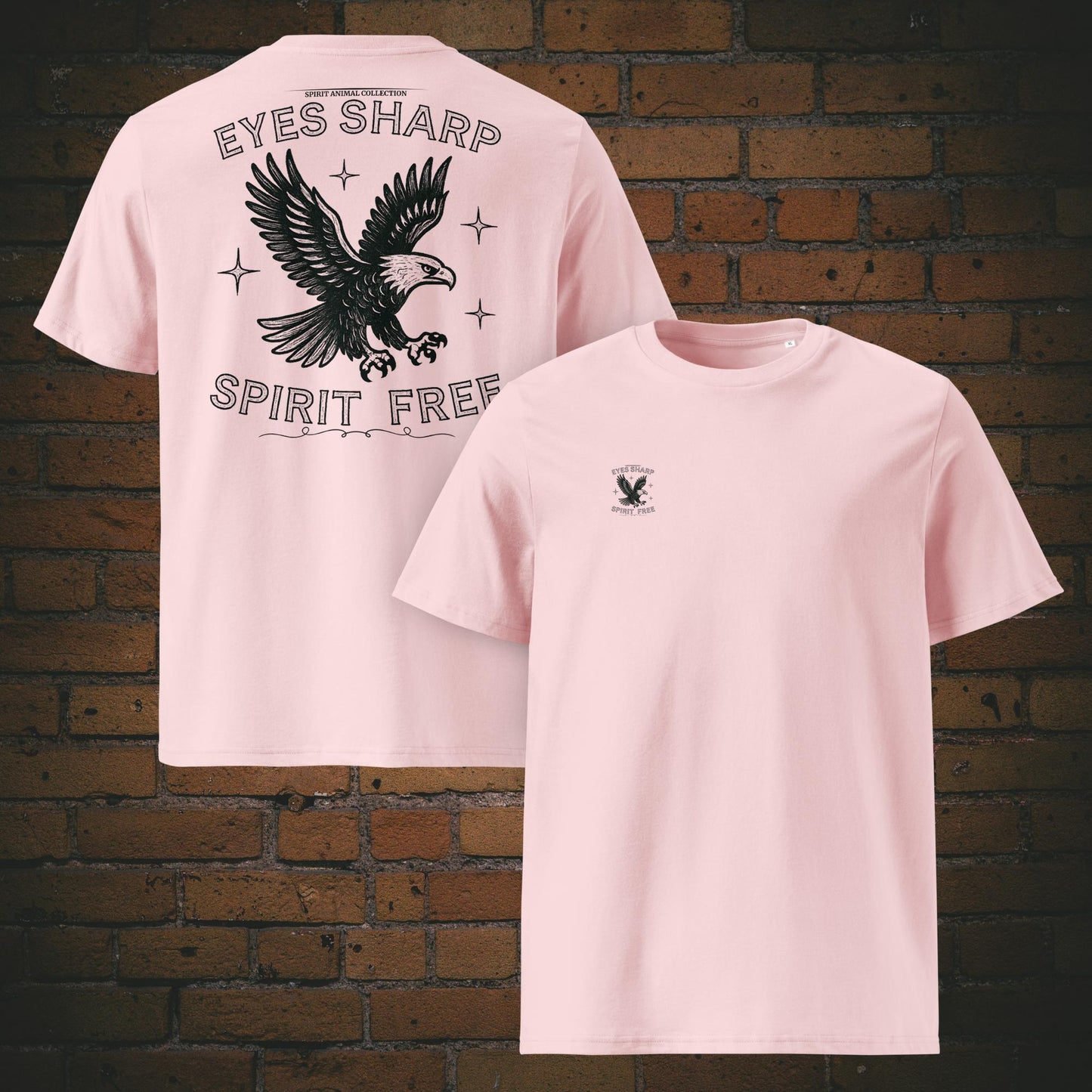 Eyes Sharp Spirit Free – Adler Krafttier Bio T-Shirt Unisex Vintage Schwarz - Druck auf Brust und Rücken - Shirt in der Farbe: rosa