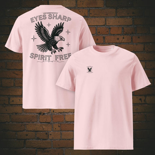Eyes Sharp Spirit Free – Adler Krafttier Bio T-Shirt Unisex Vintage Schwarz - Druck auf Brust und Rücken - Shirt in der Farbe: rosa
