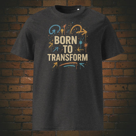 Motivierendes T-Shirt im urbanen Look mit dem Schriftzug „Born to Transform“ – kraftvolle Botschaft für Veränderung und persönliches Wachstum. Shirtfarbe: Dunkelgrau