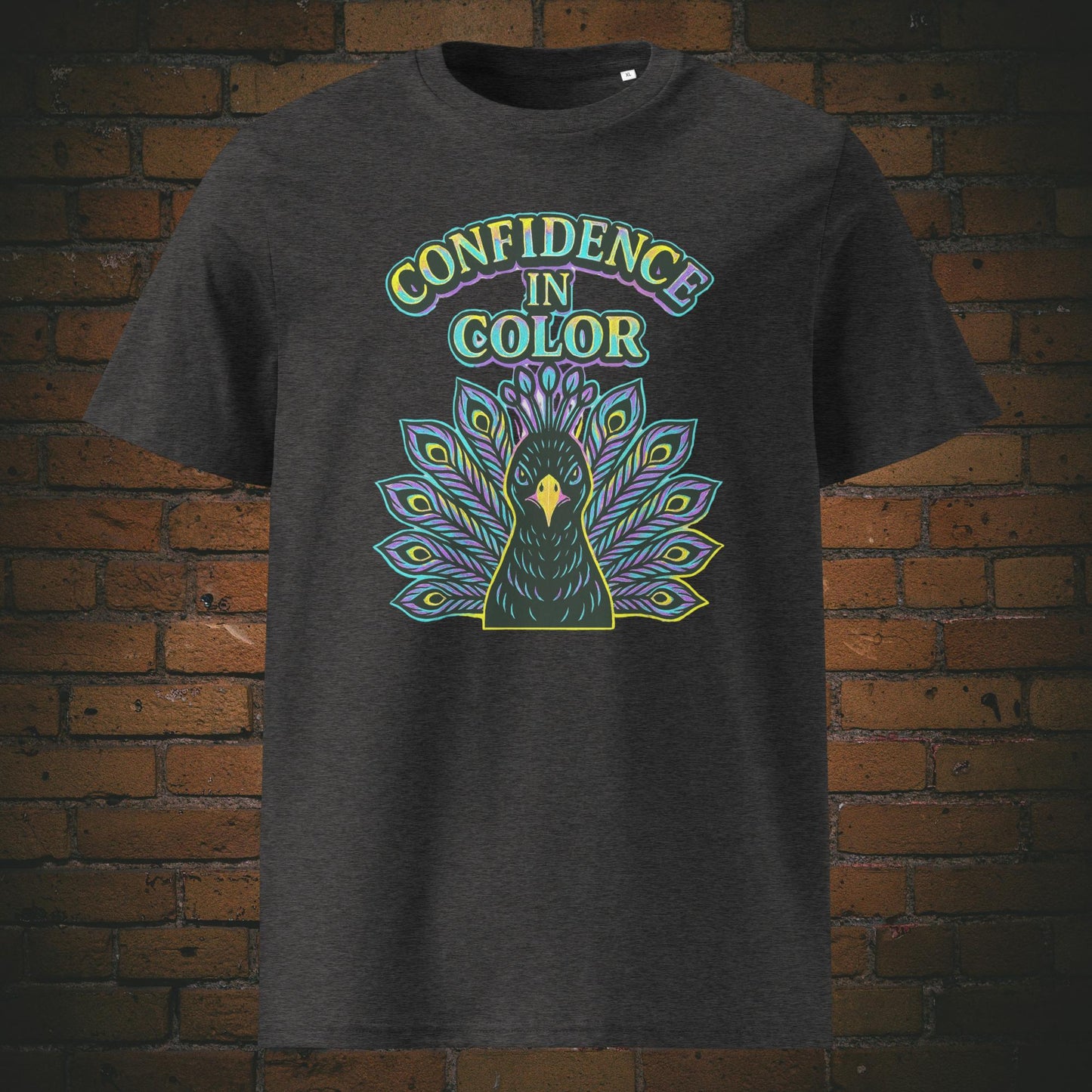 Urban Pfau Bio-T-Shirt – Confidence in Color Motiv, knallige Farben - Shirtfarbe: dunkelgrau