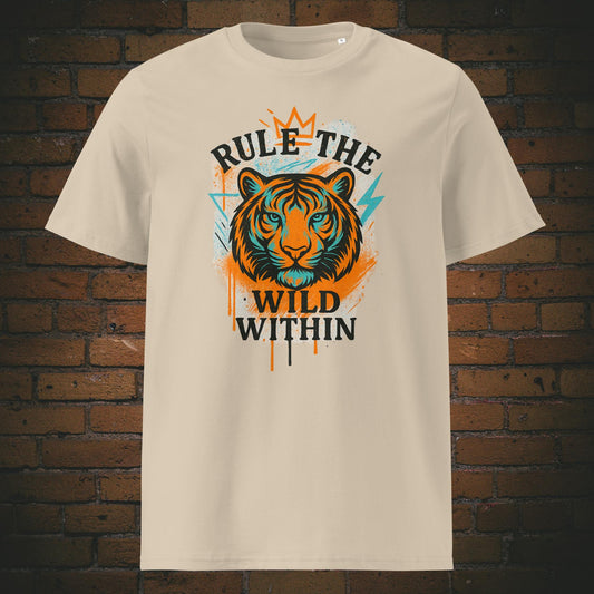 Rule the Wild Within Urban Streetwear Bio-T-Shirt – Tigerdesign in Orange & Türkis, 100 % Bio-Baumwolle, fair produziert, nachhaltiger Streetstyle. Shirtfarbe: Sandfarben