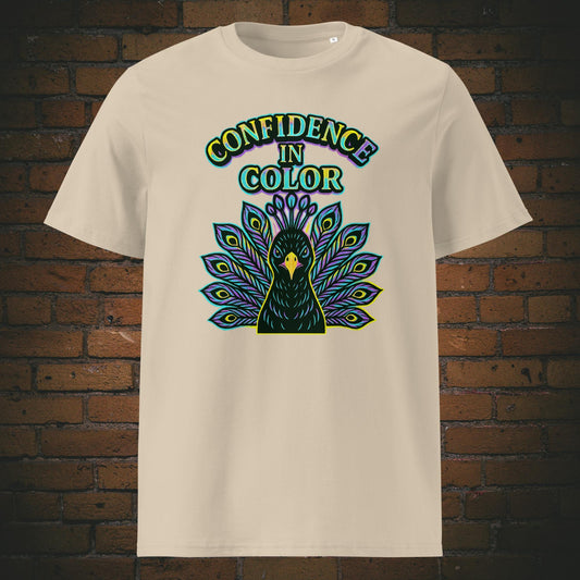 Urban Pfau Bio-T-Shirt – Confidence in Color Motiv, knallige Farben - Shirtfarbe: Sandfarben
