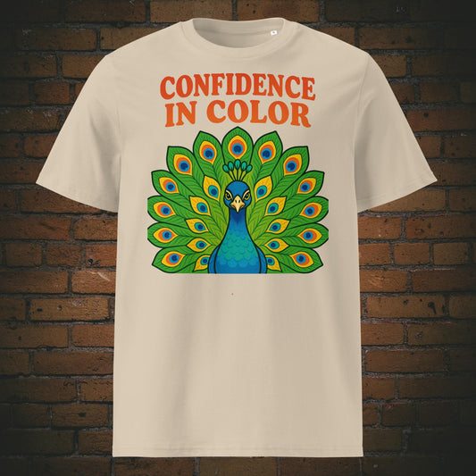Hippie Pfau Bio-T-Shirt – Confidence in Color Design, bunte Federn - Shirt in der Farbe: sandfarben