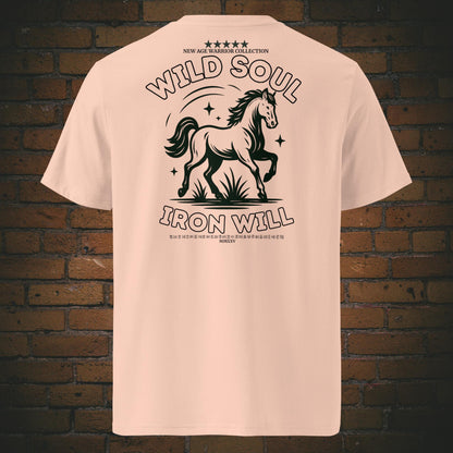 Wild Soul Iron Will – Pferd Krafttier Bio T-Shirt Unisex - Druck auf Bio-Baumwolle in der Farbe: Pfirsichfarben