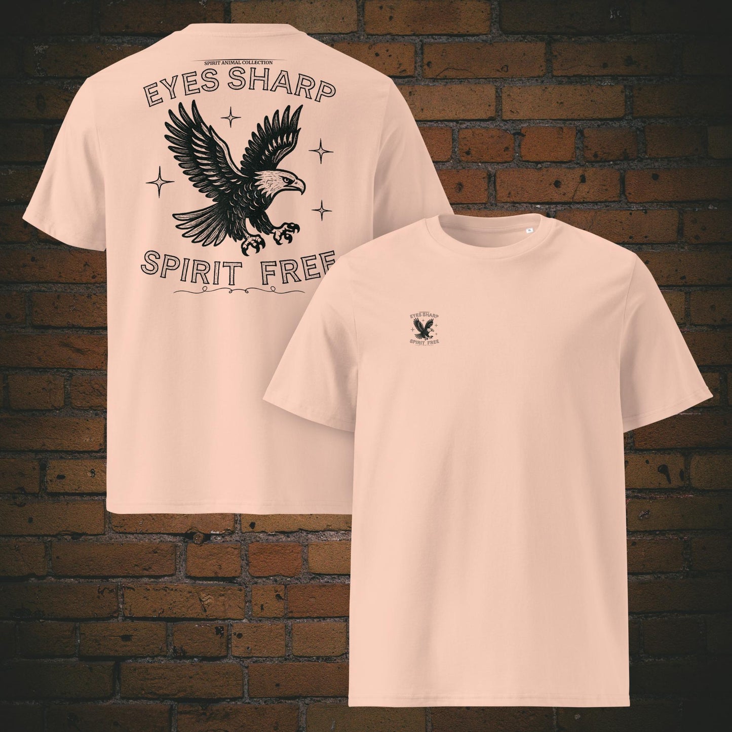 Eyes Sharp Spirit Free – Adler Krafttier Bio T-Shirt Unisex Vintage Schwarz - Druck auf Brust und Rücken - Shirt in der Farbe: Pfirsichfarben