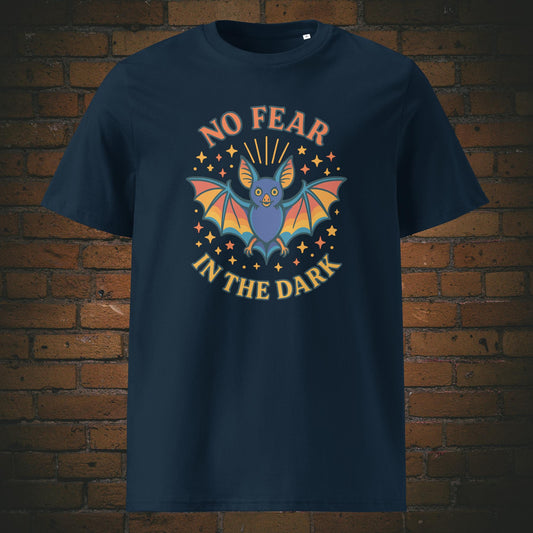 Buntes Hippie Shirt mit Fledermaus und Spruch - T-Shirt hat die Farbe: dunkelblau