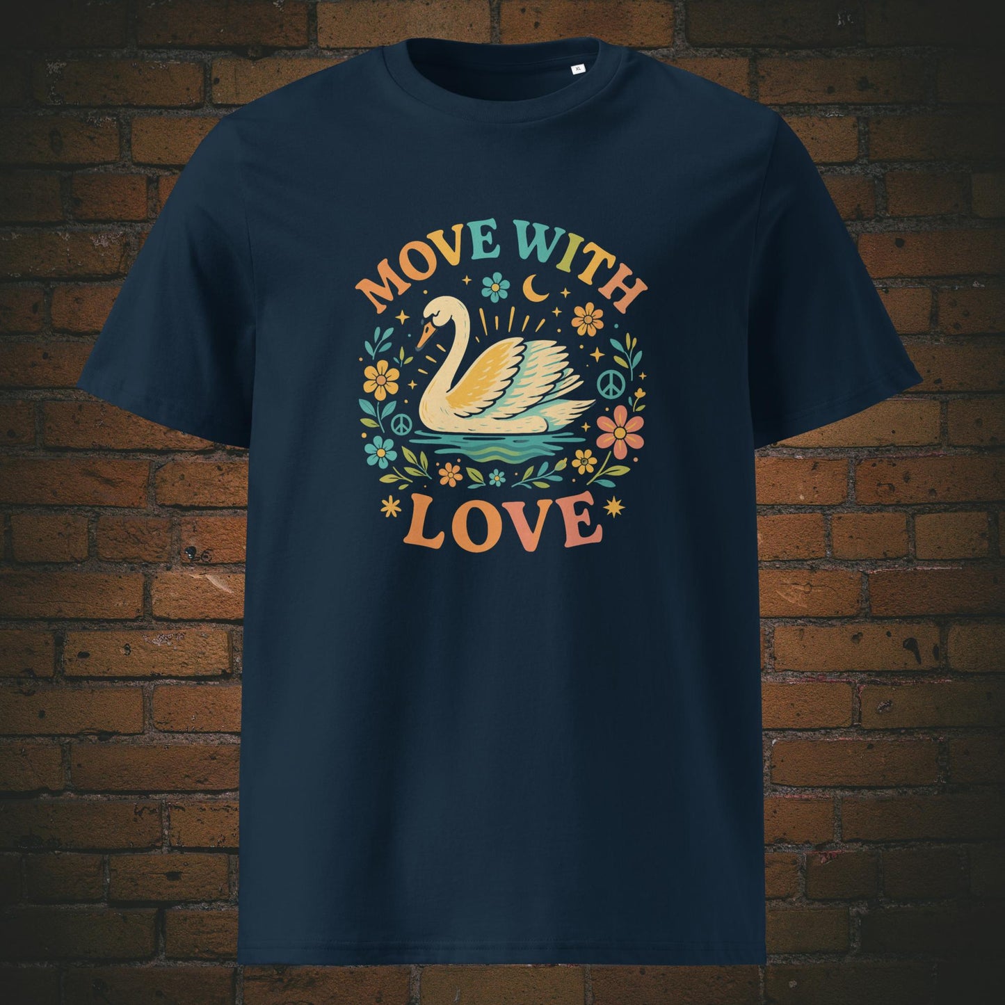 Hippie Shirt - Schwan mit Blumen und Spruch - T-Shirt hat die Farbe: dunkelblau