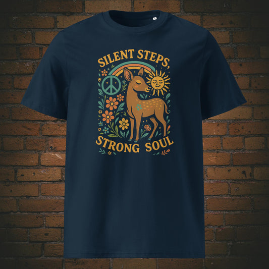 T-Shirt für Hippies mit dem Krafttier Reh, Blumen, Sonne und dem Peace Zeichen mit Spruch - gedruckt auf dunkelblau