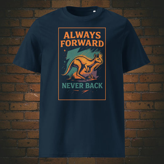 Urban Shirt mit Känguru und Spruch - helle Farben gedruckt auf dunkelblauen T-Shirt 