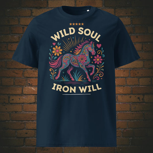 Wild Soul Iron Will – Hippie Pferd Bio T-Shirt Unisex gedruckt auf dunkelblauer Baumwolle