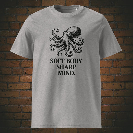 T-Shirt mit dem Krafttier Octopus Minimalistisch schwarz auf Baumwolle gedruckt Farbe hellgrau